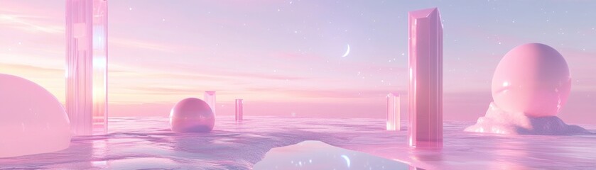 Poster - Pastel Pink Dreamlike Landscape With Geometric Forms