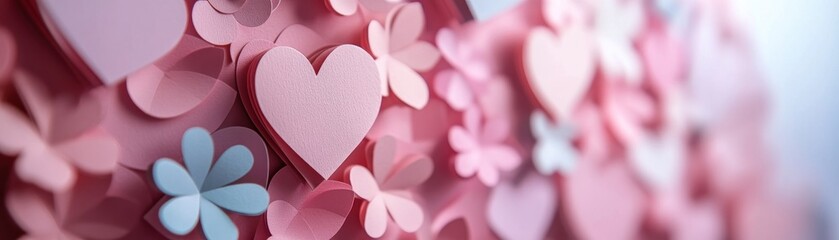 Poster - Many pink and light blue paper hearts and flowers