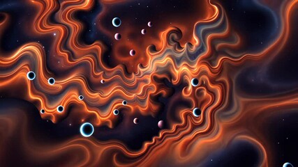 Poster - A colorful painting of a galaxy with many stars and planets. The painting is orange and blue. The stars are small and the planets are large
