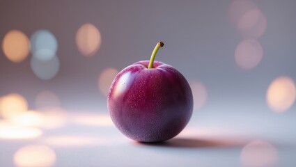 Poster - fresh purple plum with dewdrops on a smooth surface illuminated by soft bokeh lights in the backgrou