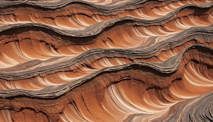 Poster - Wavy Rock Formation. Reddish-Brown Layers. Geological Wonder. Natural Artistry. Earth's Beauty. Undulating Patterns. Time and Erosion. Striking Texture. Visual Captivation. Warm Tones. Gray Hints.