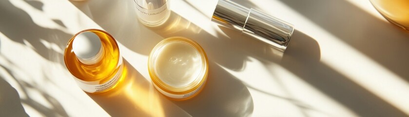Poster - Overhead shot featuring various skincare products on a white surface
