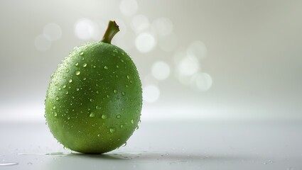 Poster - fresh green apple with water droplets set against a softly blurred background in natural light