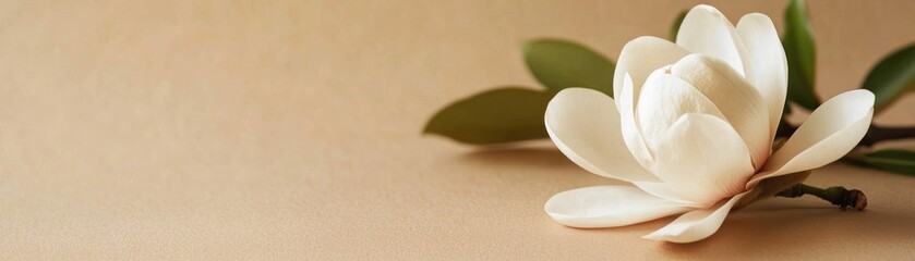 Poster - Delicate white magnolia blossom rests gracefully against a neutral background