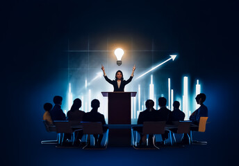 Poster - Shenzhen, China - Unknown Date : A woman at a podium presents an idea to a seated audience. A lightbulb illuminates above her head, symbolizing innovation, with a growth chart in the backdrop.