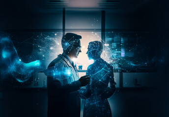 Fototapete - Shenzhen, China - Unknown Date : A scientist in a lab coat interacts with a digital, abstract figure emitting blue light.  The scene conveys a sense of futuristic technology and scientific exploration