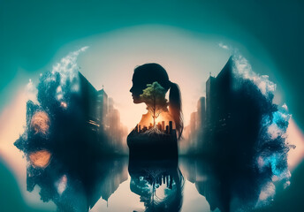 Aufkleber - Shenzhen, China - Unknown Date : Silhouette of a woman's head filled with a cityscape and tree.  A blurry, colorful backdrop of blue and orange with a water reflection below.