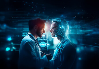Aufkleber - Shenzhen, China - Unknown Date : Two medical professionals stand face to face in a dimly lit, digital space with glowing blue accents and futuristic technology, suggesting innovation in healthcare.
