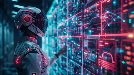Poster - Futuristic humanoid AI interacting with digital data displays in a high-tech cyber environment
