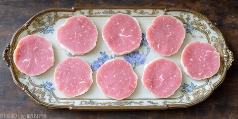 Wall Mural - Ten raw round pork cutlets are displayed on an ornate vintage serving platter.