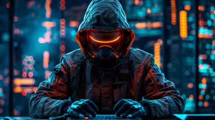 Poster - Person in futuristic gear engages with technology in a neon cyber city at night