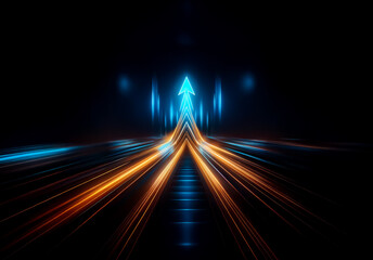 Aufkleber - Shenzhen, China - Unknown Date : A bright blue arrow points upwards with blurred light streaks of orange and blue creating a sense of speed and forward motion in the dark.
