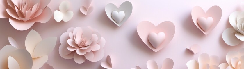 Poster - Delicate paper flowers and hearts adorn a soft pink background
