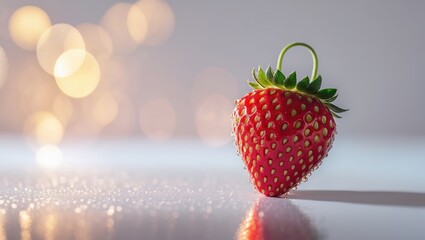 Poster - Fresh strawberry glistens on a smooth surface under soft warm lighting with sparkling bokeh in the background