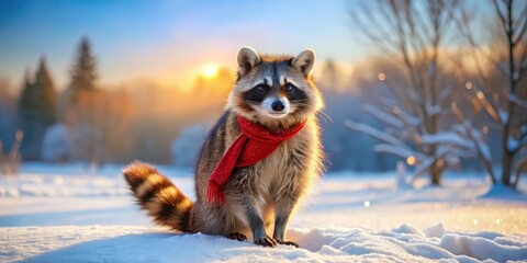 Sticker - A charming raccoon, adorned in a scarlet scarf, sits serenely amidst a pristine winter landscape bathed in the golden hues of a breathtaking sunset.