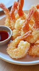 Wall Mural - Crispy tempura shrimp with dipping sauce on modern plate