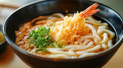 Sticker - Tempura shrimp udon noodles with green onions and broth in black bowl