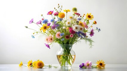 vase filled with a diverse array of flat pressed wildflowers in various colours, set against a soft 