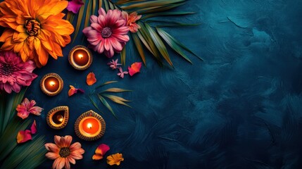 Wall Mural - Festive Diwali lamps, flowers, teal background