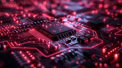 Poster - Exploring intricate details of a futuristic cyber circuit board illuminated by red lights