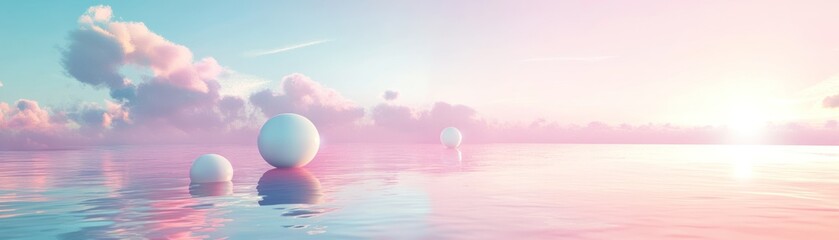Poster - Pastel Sky Calm Water White Spheres Floating