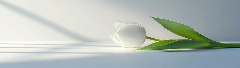 Poster - A single white tulip lies against a soft white background