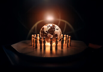 Poster - Shenzhen, China - Unknown Date : Wooden figures stand encircling a glowing globe in the dark. A bright light source is positioned behind the globe, creating a dramatic and symbolic scene.