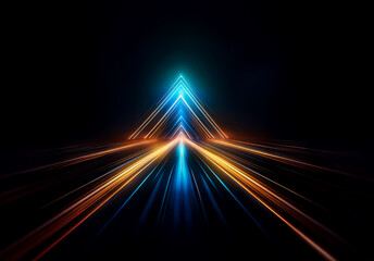 Poster - Shenzhen, China - Unknown Date : Abstract image featuring converging blue and orange light trails forming a triangle shape on a black backdrop.  Suggests speed, movement and a futuristic direction.
