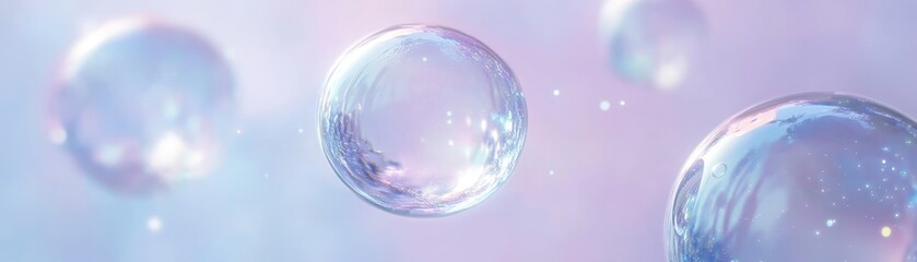 Poster - Abstract iridescent soap bubbles float against a soft pastel background