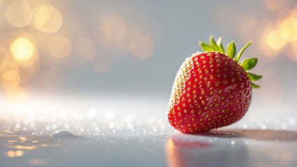 Poster - juicy strawberry resting on a reflective surface with a blurred golden background in soft lighting