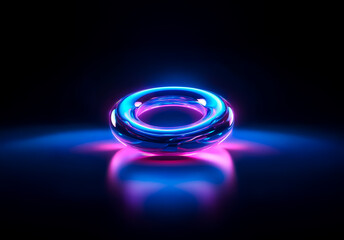 Fototapete - Shenzhen, China - Unknown Date : A luminous torus glows with vibrant blue and pink hues against a dark backdrop. The ring shape emits a neon light, casting a reflection on the surface below.