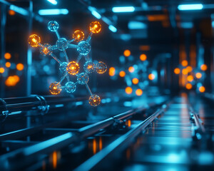 Poster - futuristic biolab with glowing molecular models floating in high tech environment