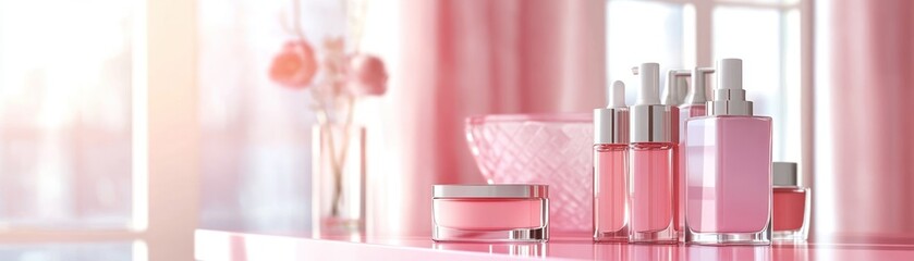 Poster - Pink toned beauty products elegantly displayed in soft natural light