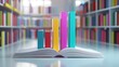 © BISMILAH - Colorful Knowledge Growth:  A visual representation of education's impact and the expansion of knowledge, symbolized by vibrant bar graph rising from an open book in a library setting.