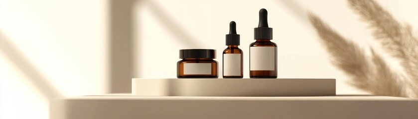 Poster - Amber Glass Bottles Displayed on Minimalist Platform