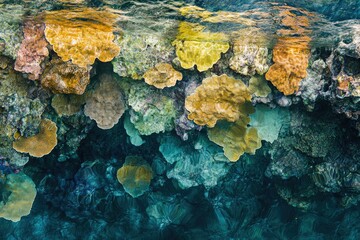 Aufkleber - Vibrant underwater scene showcasing diverse coral formations in a spectrum of yellow, gold, and teal hues.
