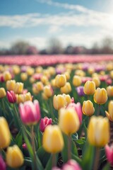 Wall Mural - colorful tulip field in bloom during springtime with vibrant flowers under a blue sky
