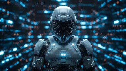 Poster - Futuristic robot with glowing details standing in a high-tech environment filled with lights and digital elements