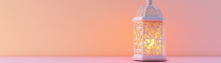 Aufkleber - Illuminated Ornate Lantern Stands Against Soft Pink Background