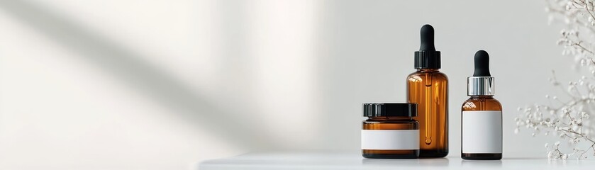 Poster - Amber glass bottles with droppers and cream jar on surface