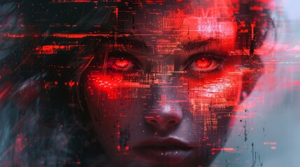 Poster - Cybernetic portrait with vivid red hues and digital overlay depicting AI integration in modern art