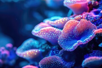 Wall Mural - Vibrant coral polyps glow under blue light, showcasing intricate details and bioluminescence.