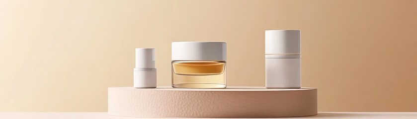 Poster - Elegant Cosmetic Products Displayed On Beige Platform