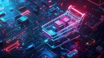 Fototapete - Showcasing a digital shopping cart on a futuristic cyber background filled with neon lights and circuit patterns