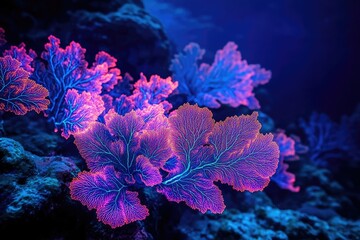Poster - Vibrant pink and blue coral glowing under deep sea light, showcasing intricate details and textures.