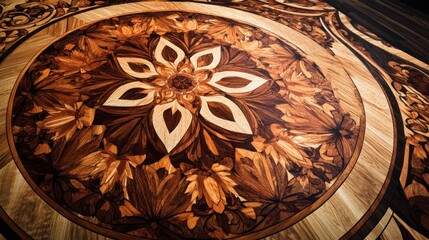 Poster - Intricate Wooden Floor Inlay Circular Floral Design