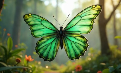 A cybernetic butterfly with translucent green wings made of nanotechnology hovering over a vibrant natural landscape, symbolizing bioengineering and sustainability.