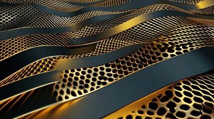 Wall Mural - A clean and precise seamless grating design in shades of metallic gold and matte black, forming a sophisticated geometric abstract background with a luxury vibe.