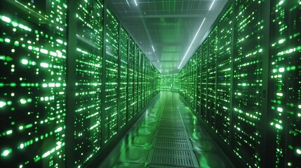 Poster - Futuristic cyber environment with glowing green data streams illuminating a high-tech server room