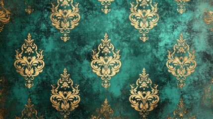 Poster - Elegant Gold Damask Pattern on Teal Background